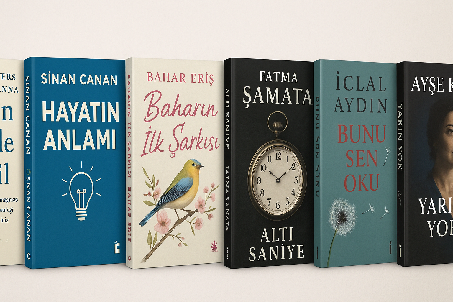 Sorun Sende Değil – Helen Villiers - Katie McKenna.
Azdahak – İskender Pala.
Hayatın Anlamı – Sinan Canan.
Baharın İlk Şarkısı – Bahar Eriş
Altı Saniye – Fatma Şamata.
Yüzyıl (Ciltli) – Umberto Eco.
Bunu Sen Oku – İclal Aydın.
Yarın Yok – Ayşe Kulin. kitaplarının gerçekçi kitap kapakları banner 